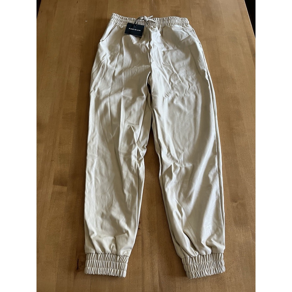 Parisian Faux Leather Jogger Pants Women's US 6 UK 10 Beige NWT Elastic Waist